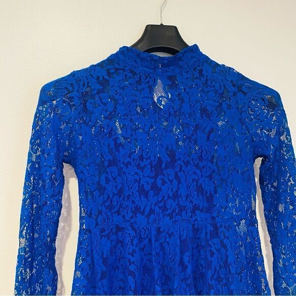 Free People Blue Crochet Long Sleeve Hi Neck Dress Size Small - Picture 2 of 6